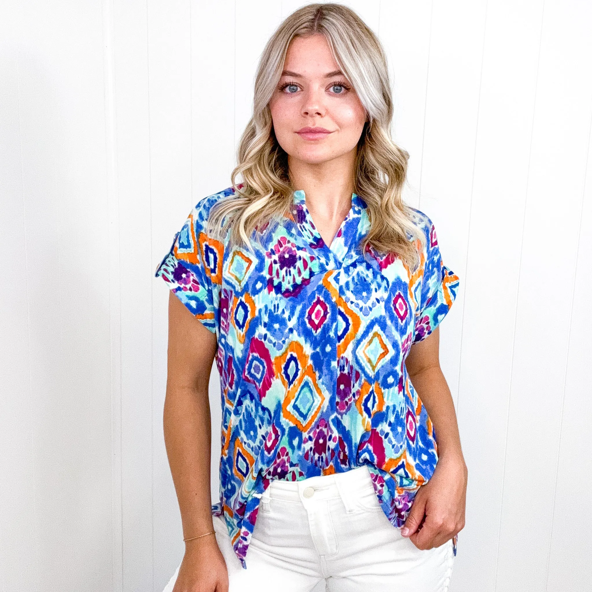 Dear Scarlett Lizzy Cap Sleeve Top in Blue and Magenta Ikat sold by Boujee Boutique