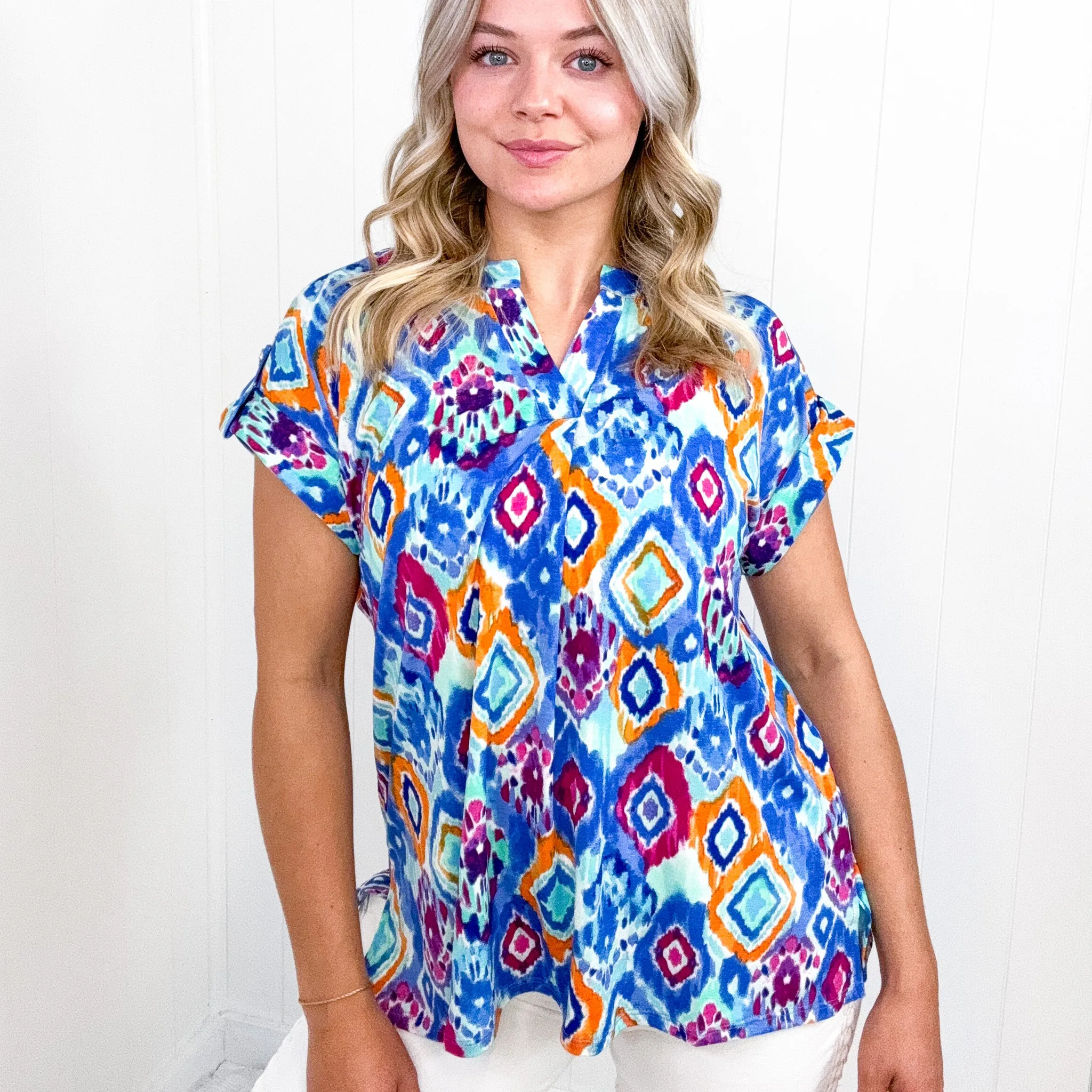 Dear Scarlett Lizzy Cap Sleeve Top in Blue and Magenta Ikat sold by Boujee Boutique product image thumbnail 4