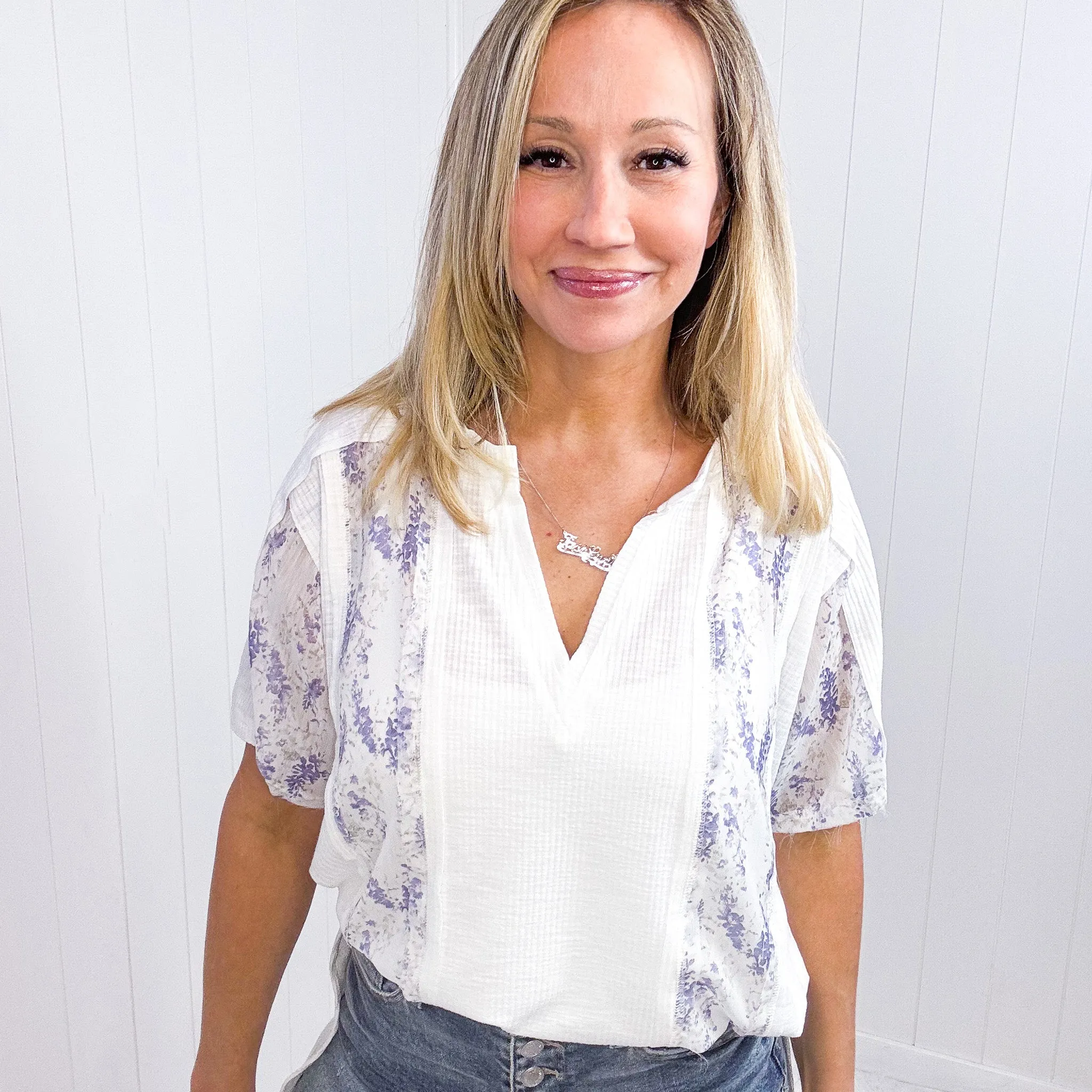 Pol Ivory Purple Floral Accent Short Sleeve Top sold by Boujee Boutique product image thumbnail 2