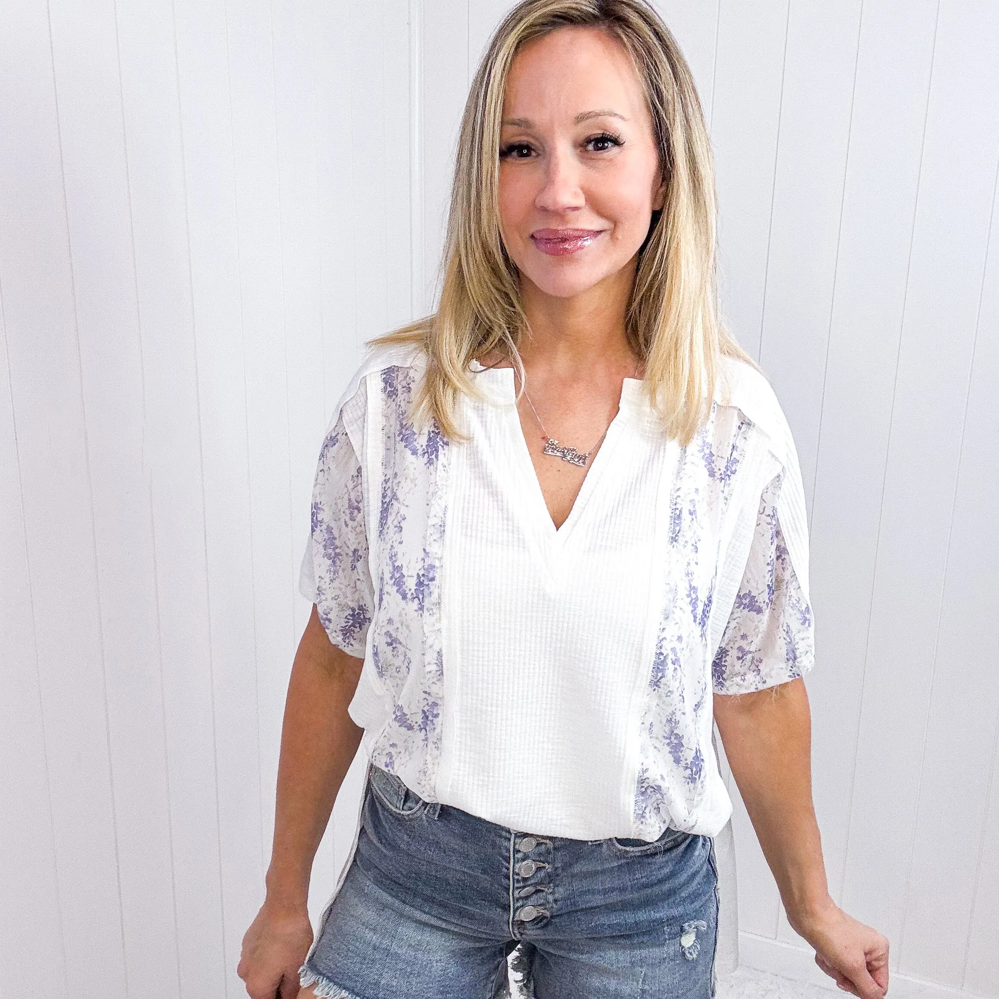 Pol Ivory Purple Floral Accent Short Sleeve Top sold by Boujee Boutique product image thumbnail 3
