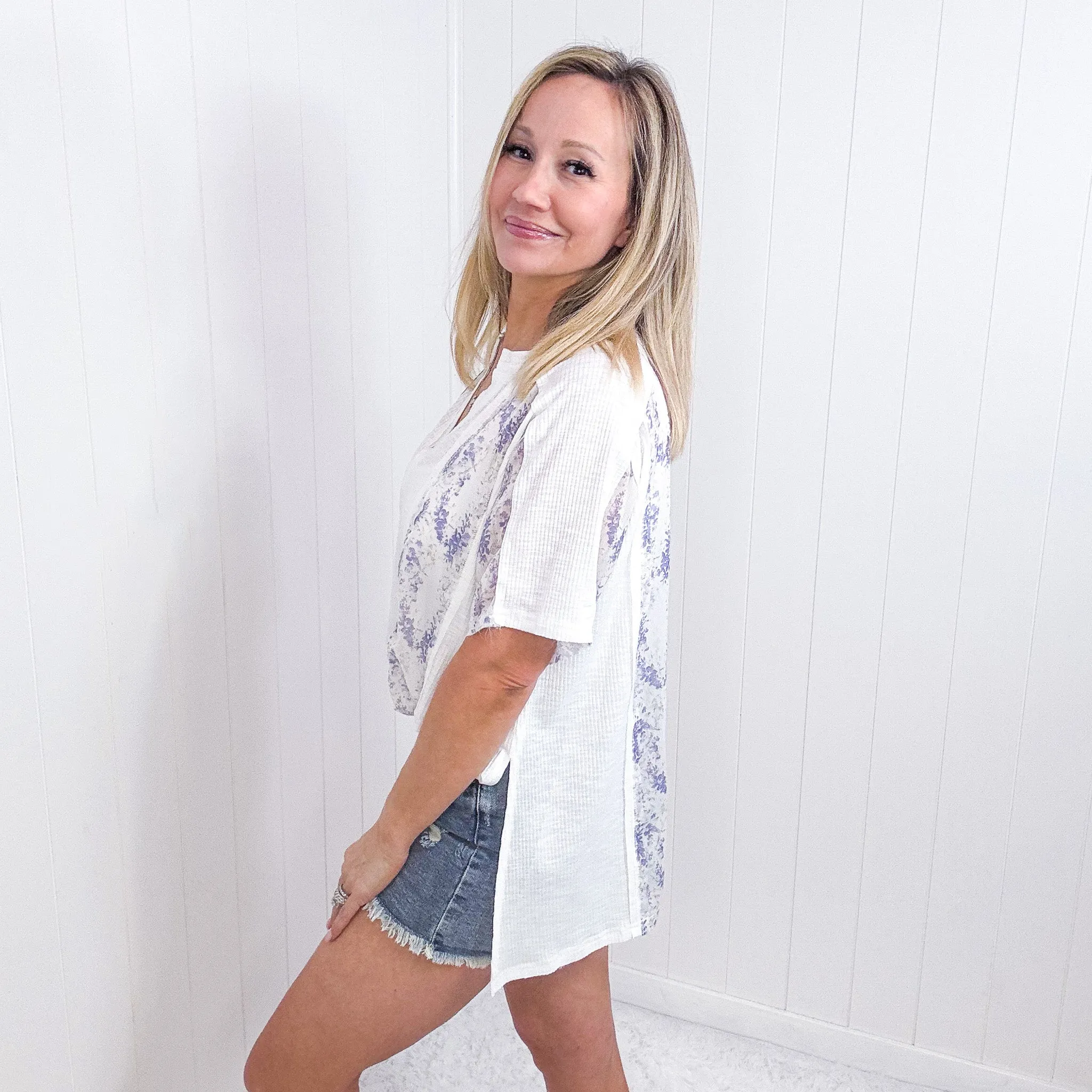 Pol Ivory Purple Floral Accent Short Sleeve Top sold by Boujee Boutique product image thumbnail 4