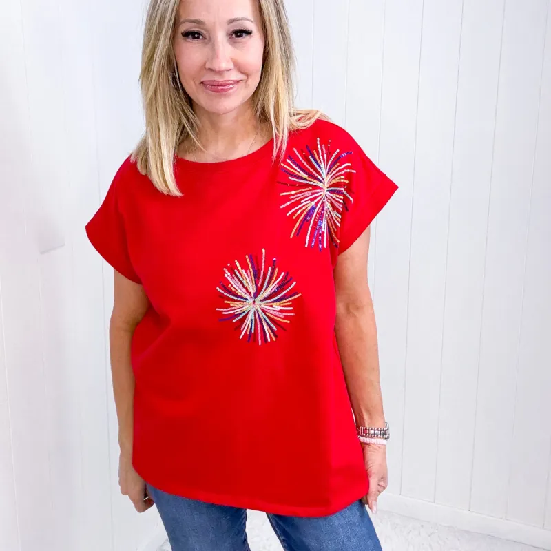 Light Me Up Red Sequin Firework Dolman Short Sleeve Top sold by Boujee Boutique