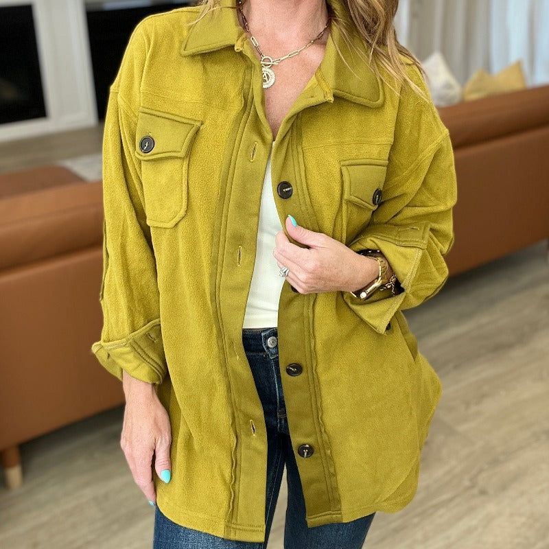 Oversized Basic Fleece Shacket in Olive Mustard sold by Boujee Boutique product image thumbnail 2