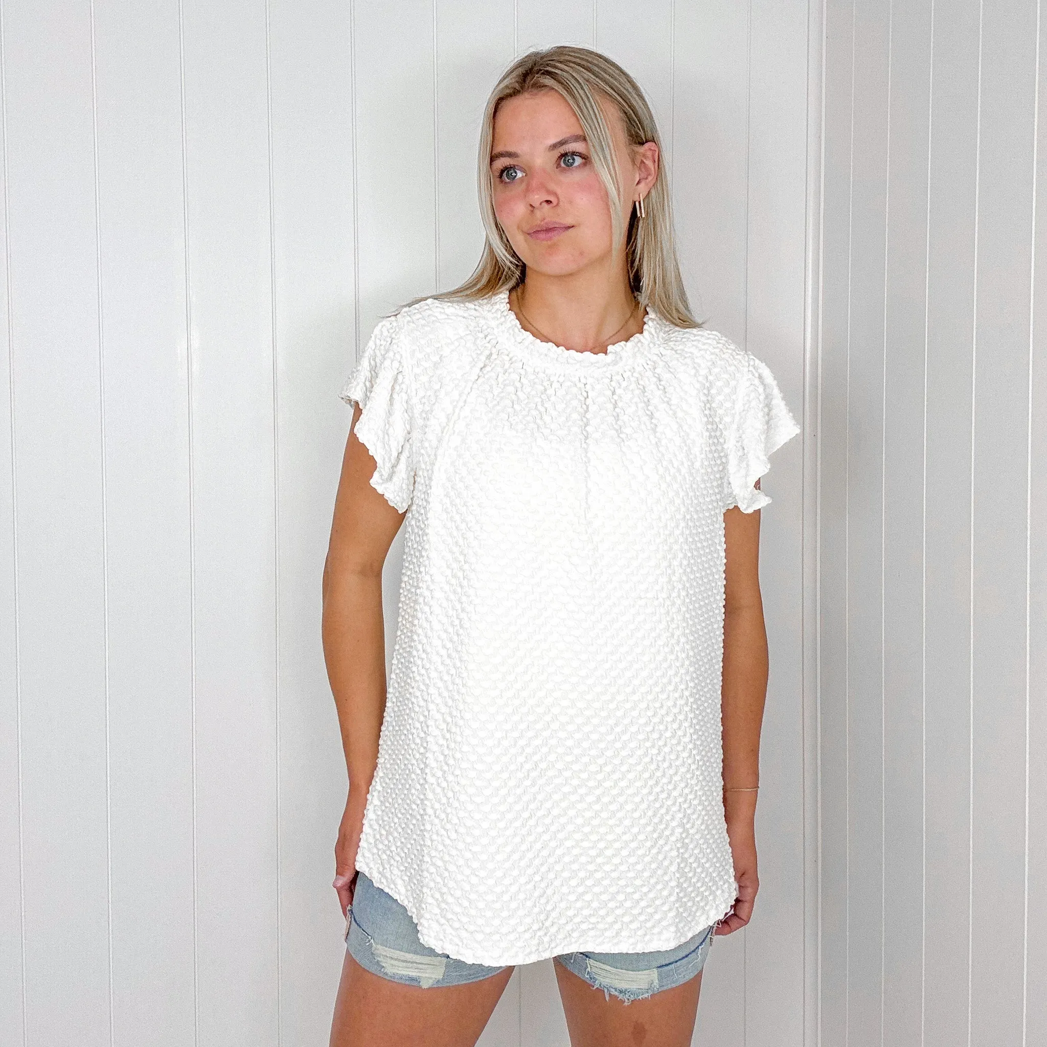 Sheek Soft Lightweight Bubble Ruffle Neck Short Sleeve Blouse in Cream sold by Boujee Boutique product image thumbnail 2