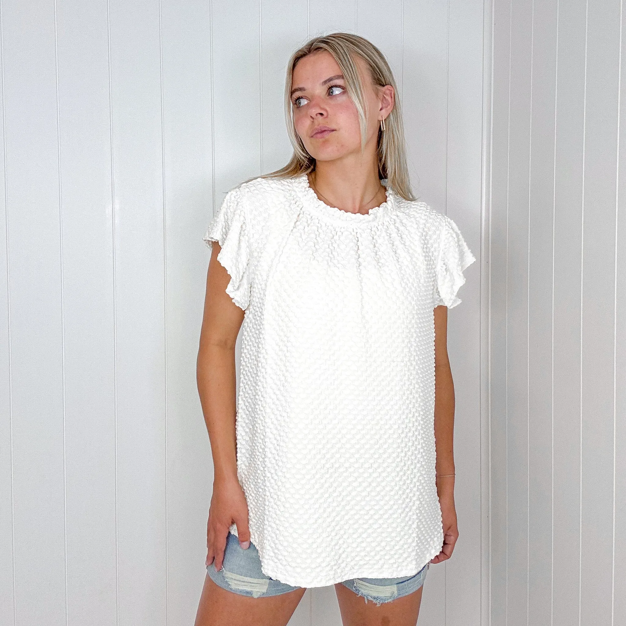 Sheek Soft Lightweight Bubble Ruffle Neck Short Sleeve Blouse in Cream sold by Boujee Boutique product image thumbnail 3