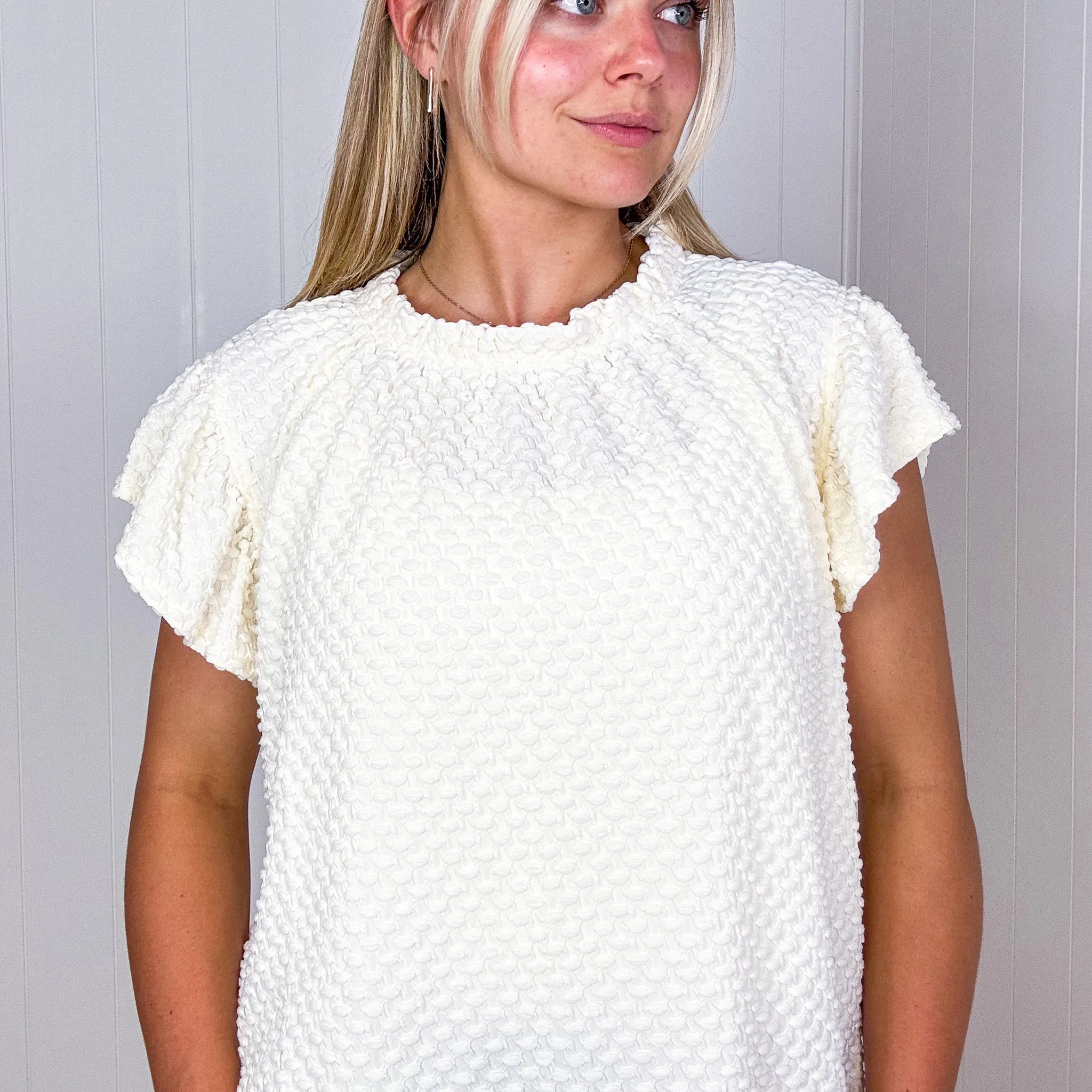 Sheek Soft Lightweight Bubble Ruffle Neck Short Sleeve Blouse in Cream sold by Boujee Boutique product image thumbnail 5