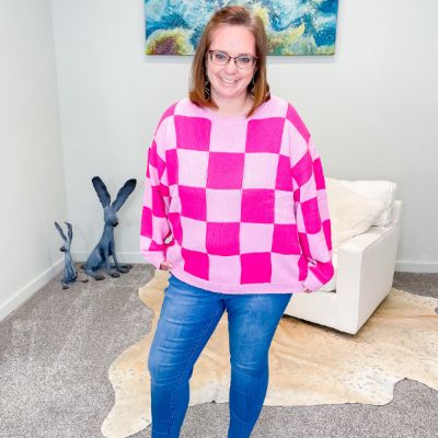 Hot Pink Checkered Print Sweater sold by Boujee Boutique