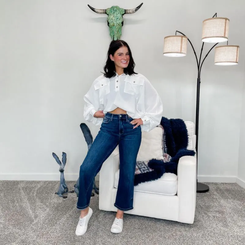 Judy Blue High Waist Distressed Pocket Wide Leg Cropped Jeans sold by Boujee Boutique