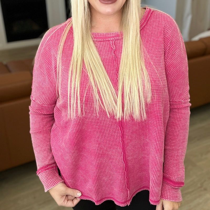 Mineral Wash Baby Waffle Long Sleeve Top in Hot Pink sold by Boujee Boutique