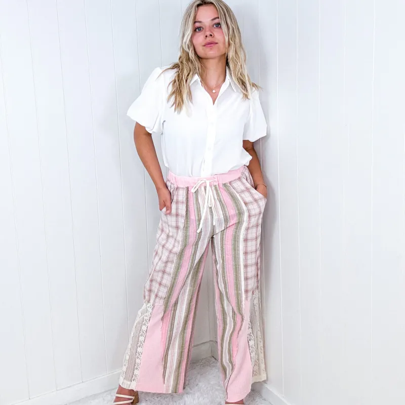Pol Plaid Lace and Knit Pull on Straight Pants in Pinks sold by Boujee Boutique