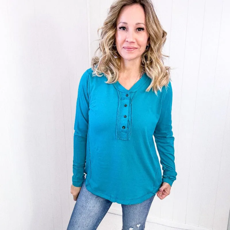 Teal Blue Exposed Seam Thumbhole Long Sleeve Top sold by Boujee Boutique
