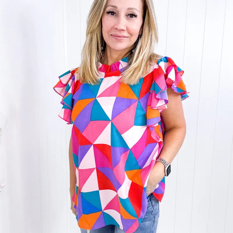 Feeling Bold Multicolor Geo Print Mock Neck Flutter Sleeve Top sold by Boujee Boutique