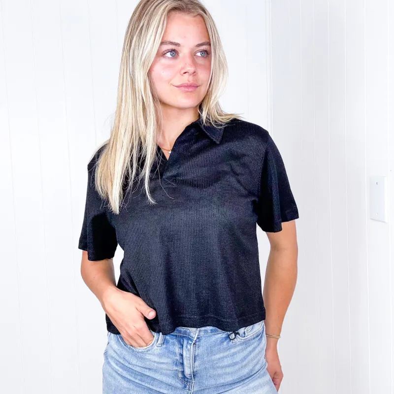 With Love Molly Rory Ribbed Cropped Tennis Tee in Black sold by Boujee Boutique
