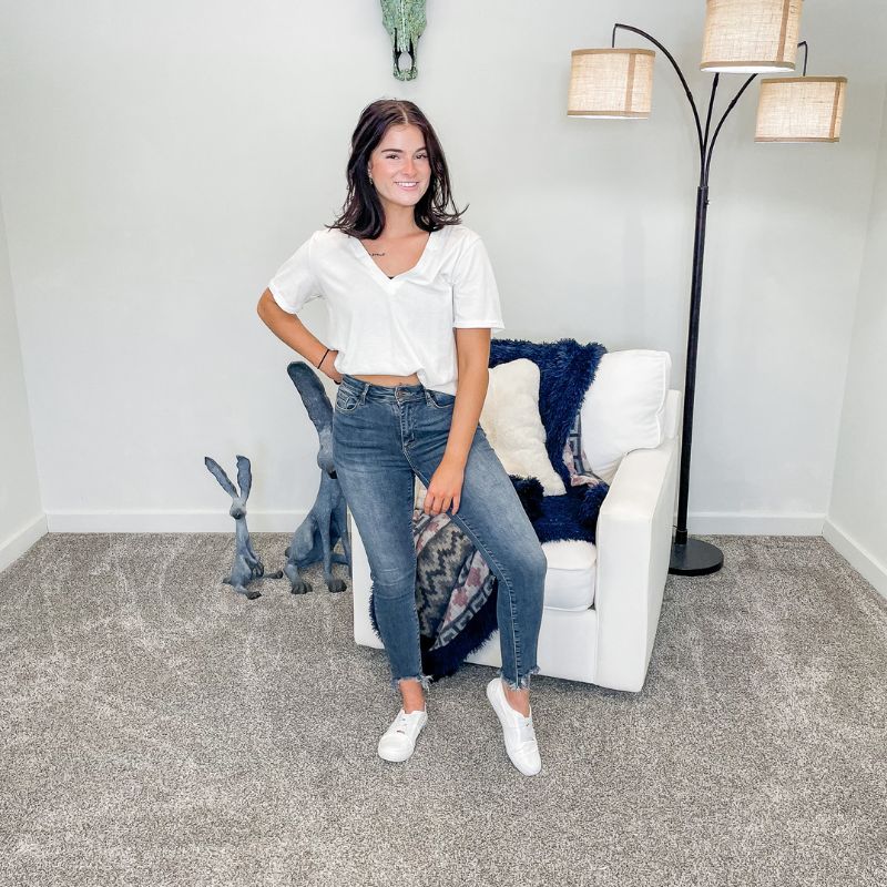 Judy Blue Dark Wash Mid Rise Shark Hem Skinny Jeans sold by Boujee Boutique