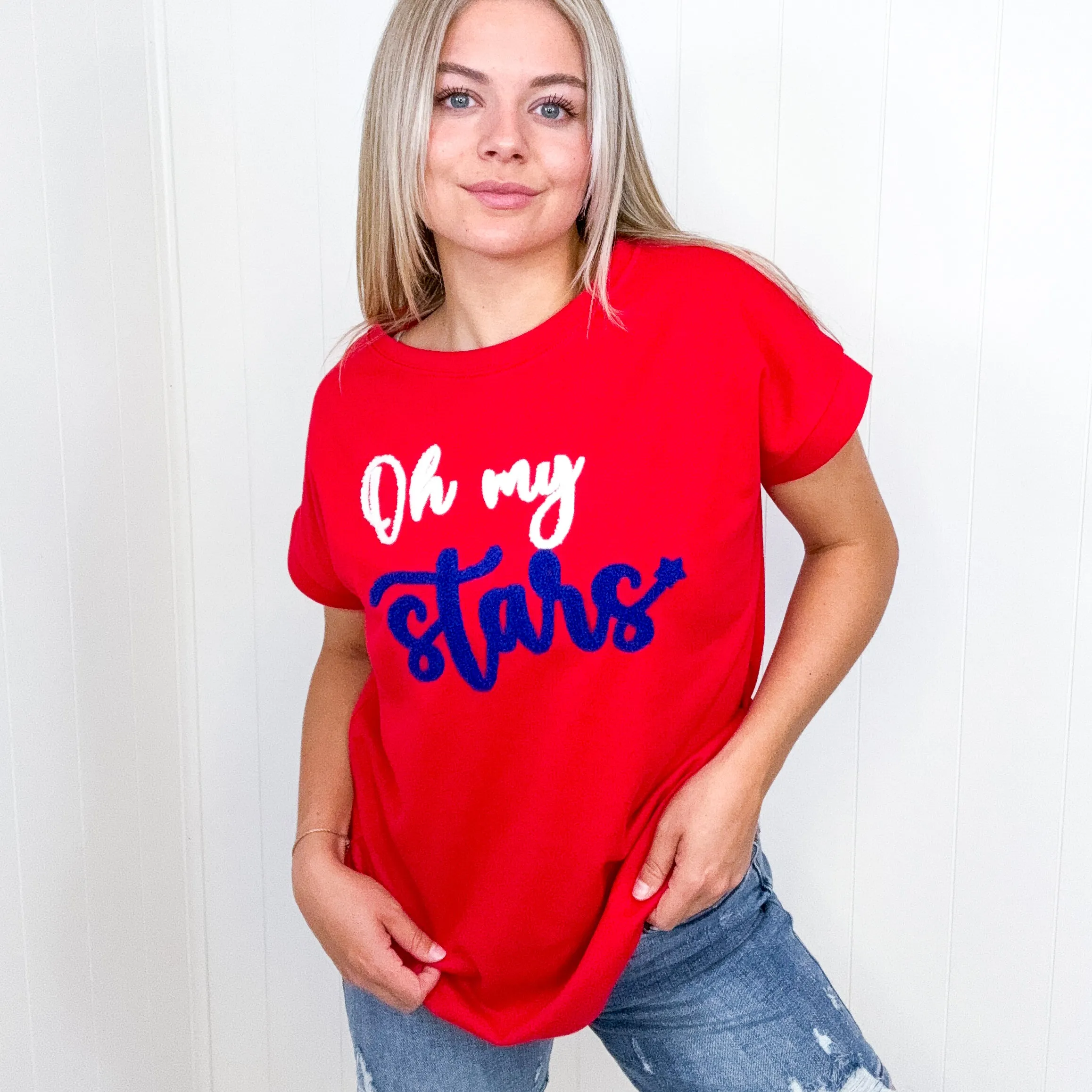 Oh My Stars Red Embroidered French Terry Dolman Short Sleeve Top sold by Boujee Boutique product image thumbnail 3