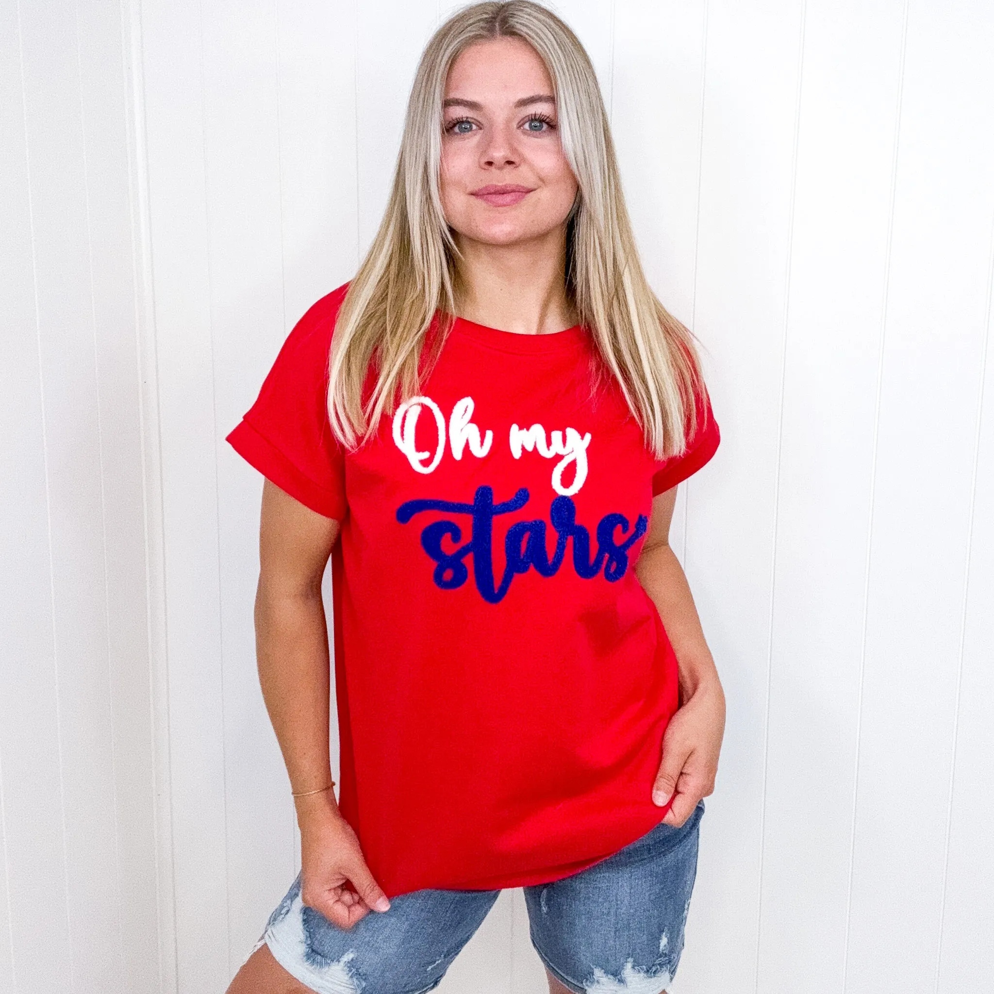 Oh My Stars Red Embroidered French Terry Dolman Short Sleeve Top sold by Boujee Boutique