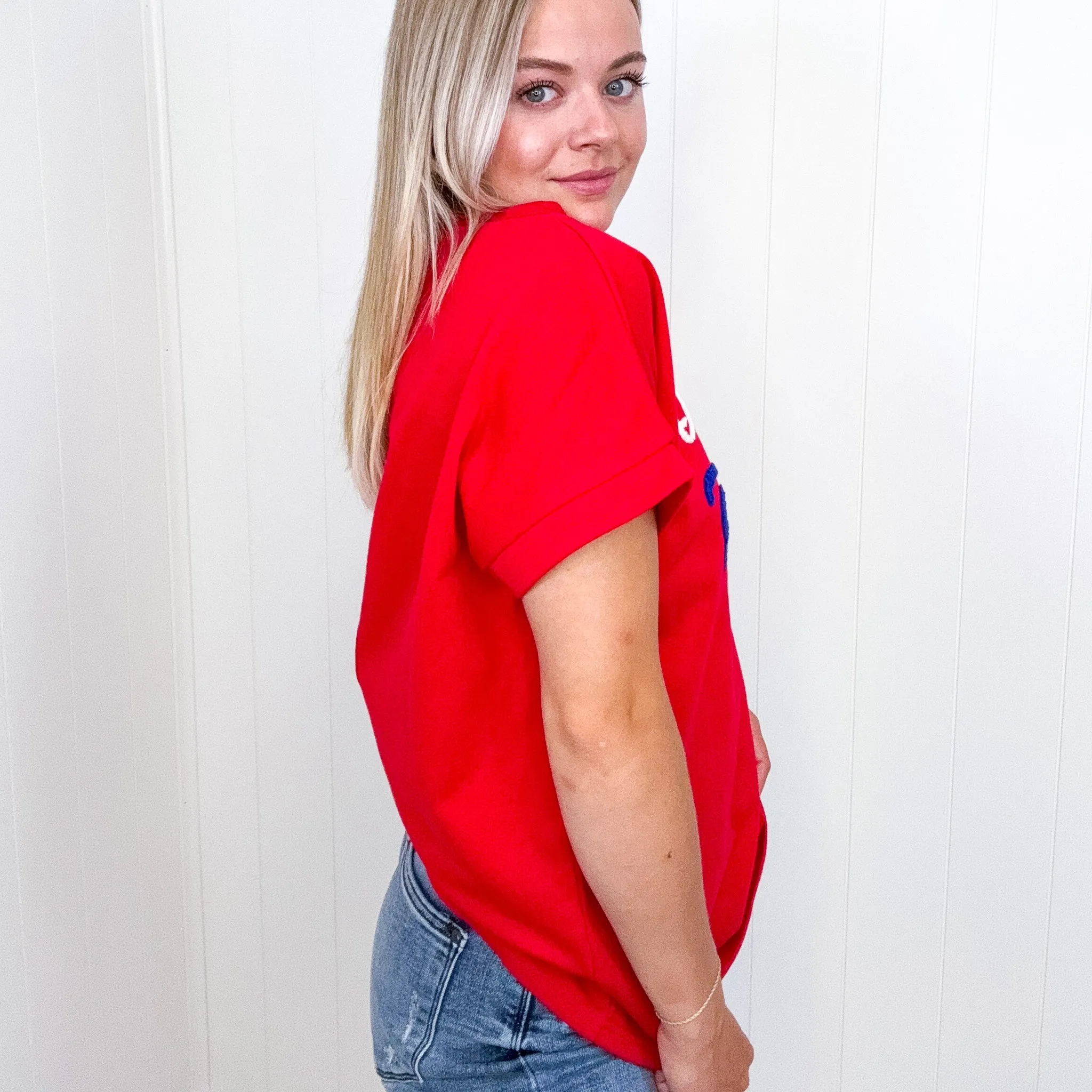 Oh My Stars Red Embroidered French Terry Dolman Short Sleeve Top sold by Boujee Boutique product image thumbnail 4
