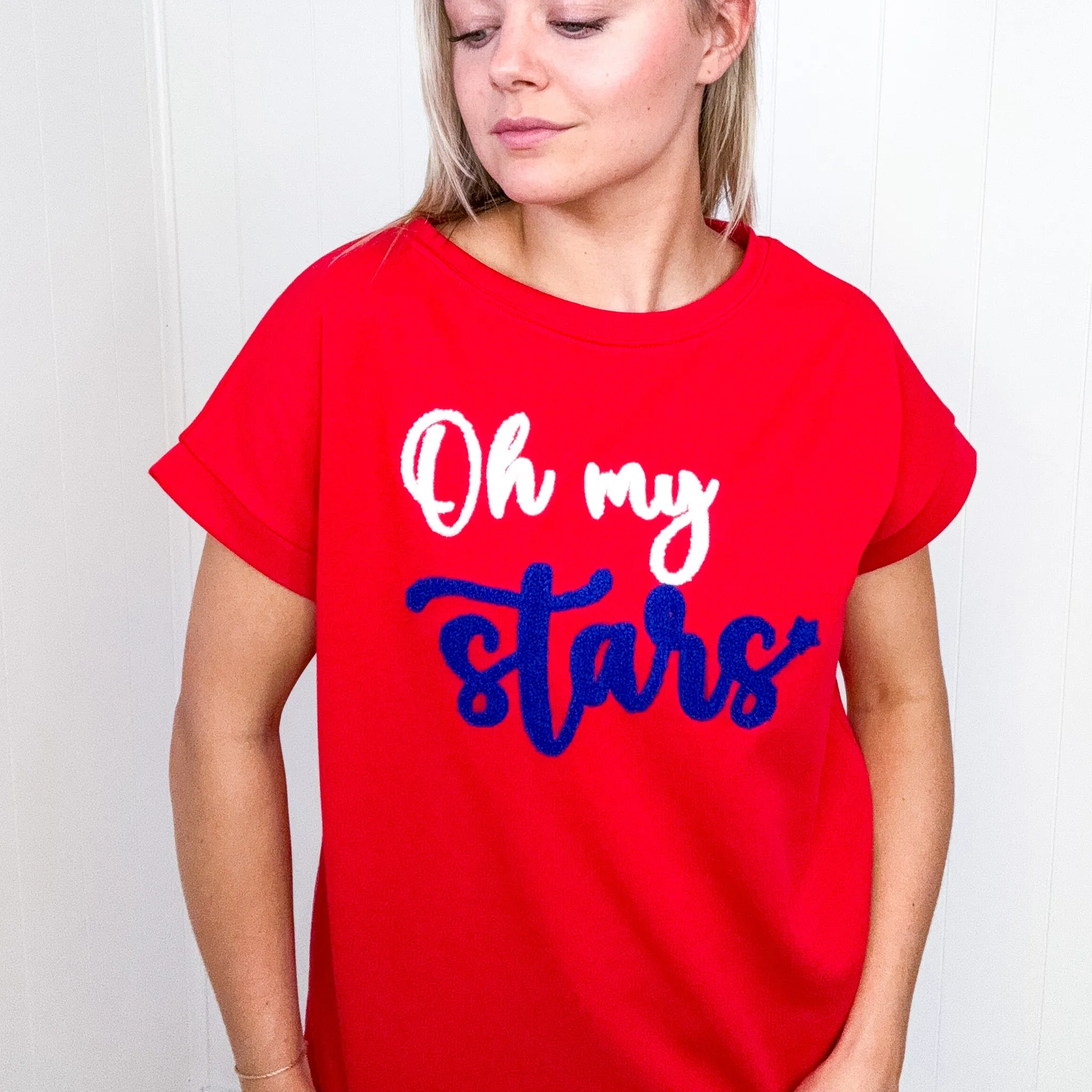 Oh My Stars Red Embroidered French Terry Dolman Short Sleeve Top sold by Boujee Boutique product image thumbnail 2