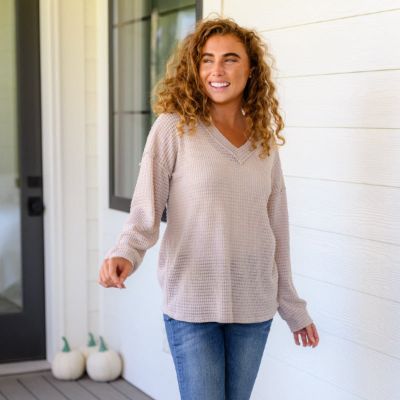Beige Waffle Knit Calm In The Chaos V-Neck Sweater sold by Boujee Boutique