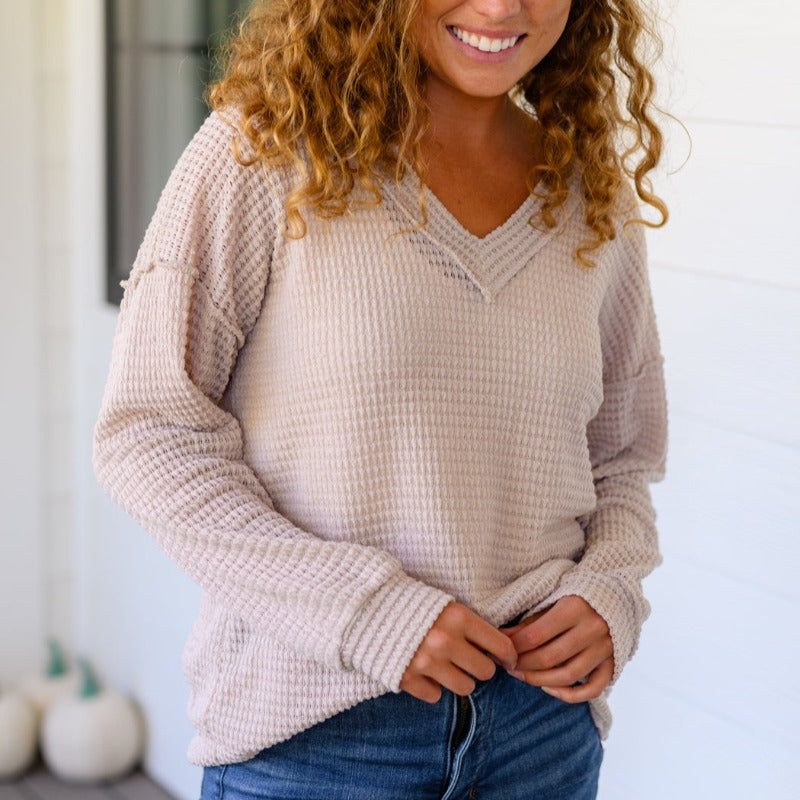 Beige Waffle Knit Calm In The Chaos V-Neck Sweater sold by Boujee Boutique product image thumbnail 2