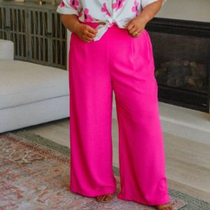 I Love These High Rise Wide Leg Pants in Hot Pink sold by Boujee Boutique