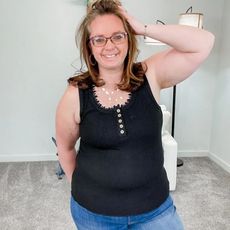 Black Serenity Ribbed and Lace Tank Top sold by Boujee Boutique