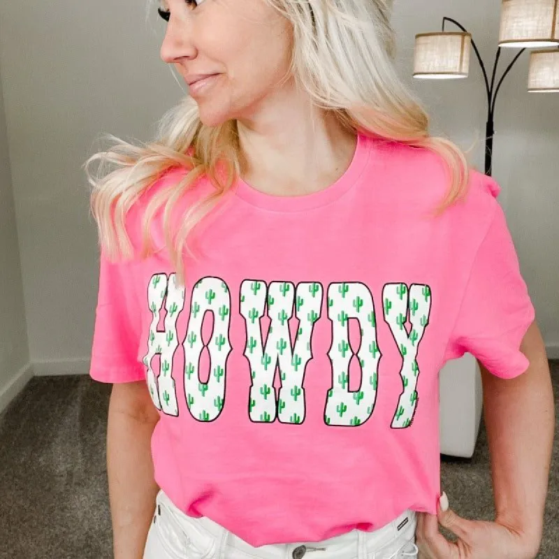 Neon Pink Cactus Howdy Graphic Tee sold by Boujee Boutique