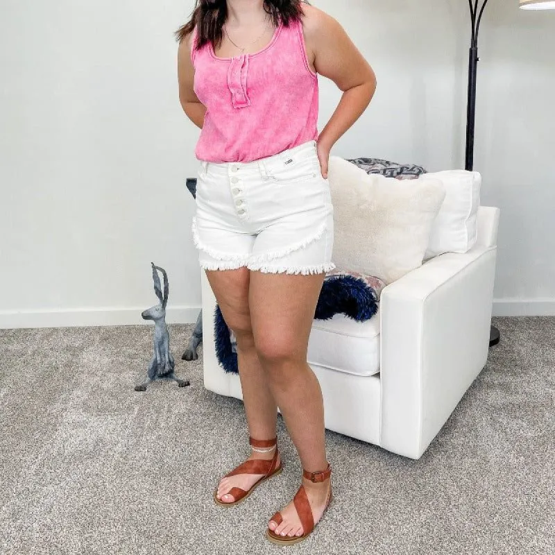 Judy Blue High Waist White Button Fly Fray Tulip Hem Shorts sold by Boujee Boutique