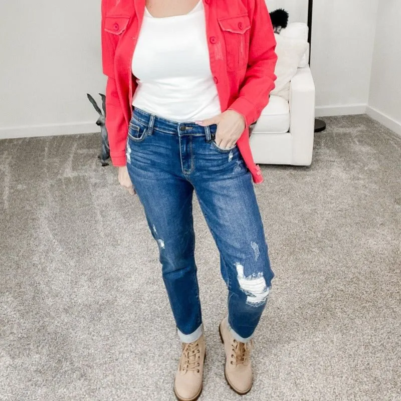 Judy Blue Mid Rise Slim Fit Destroyed Cuffed/Uncuffed Jeans made by Boujee Boutique