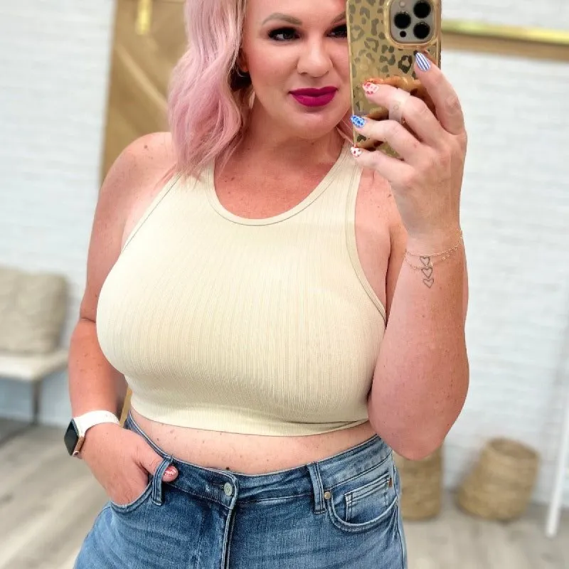 Ribbed Seamless Racerback Crew Neck Crop Tank in Sand Beige sold by Boujee Boutique