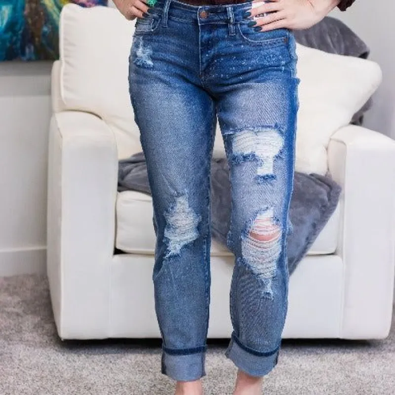 Judy Blue Destroyed Boyfriend Bleach Splatter Jeans sold by Boujee Boutique