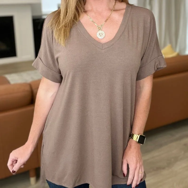 V-Neck Cuffed Sleeve Hi-Low Hem Top in Mocha sold by Boujee Boutique