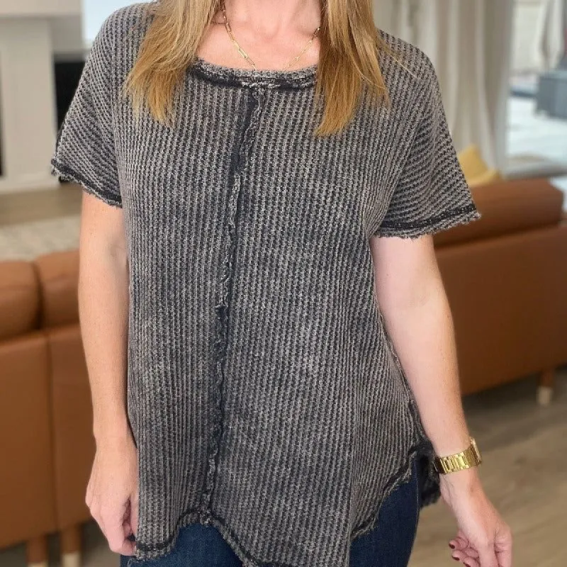A Wink And A Smile Waffle Knit Top in Ash Black sold by Boujee Boutique