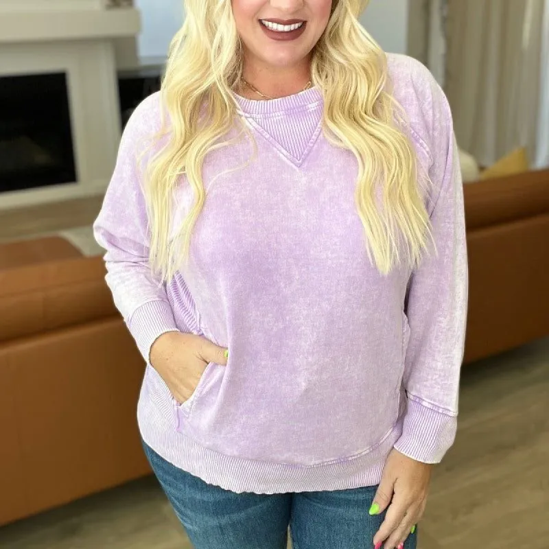 Acid Wash French Terry Pullover in Lavender sold by Boujee Boutique