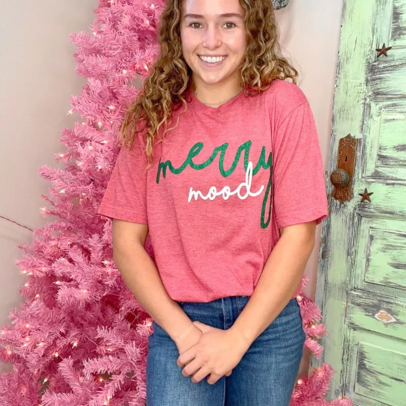 Glitter Merry Mood Christmas Graphic Tee sold by Boujee Boutique