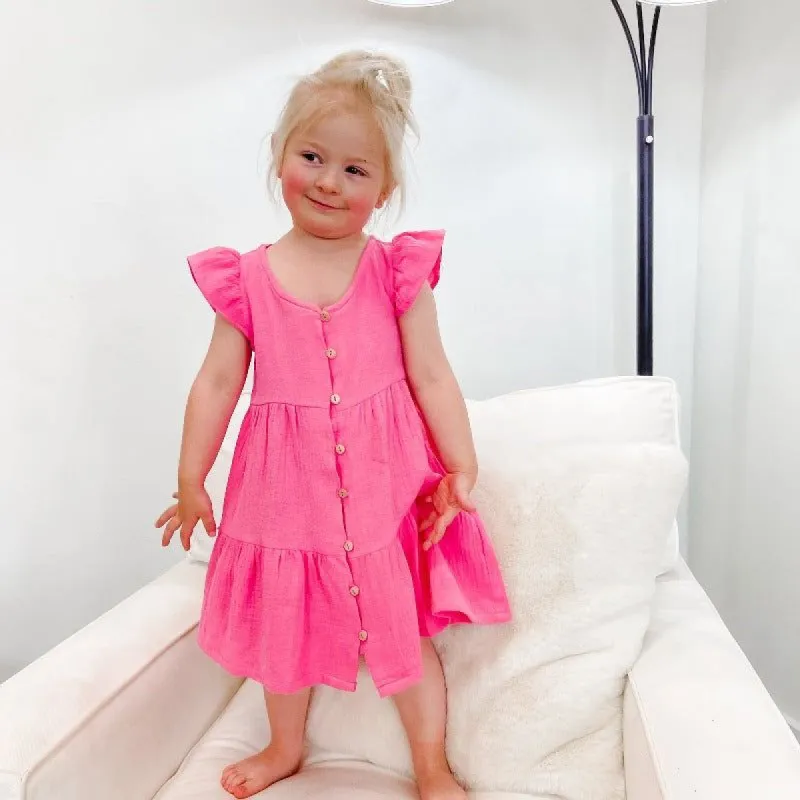 Girl's Pink Button Down Tiered Midi Dress sold by Boujee Boutique
