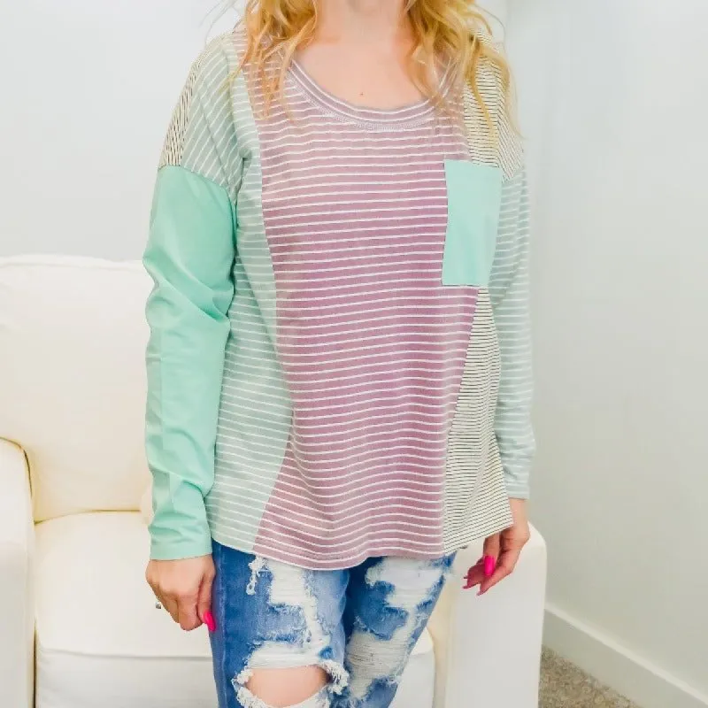 Mauve and Green Striped Long Sleeve Top sold by Boujee Boutique