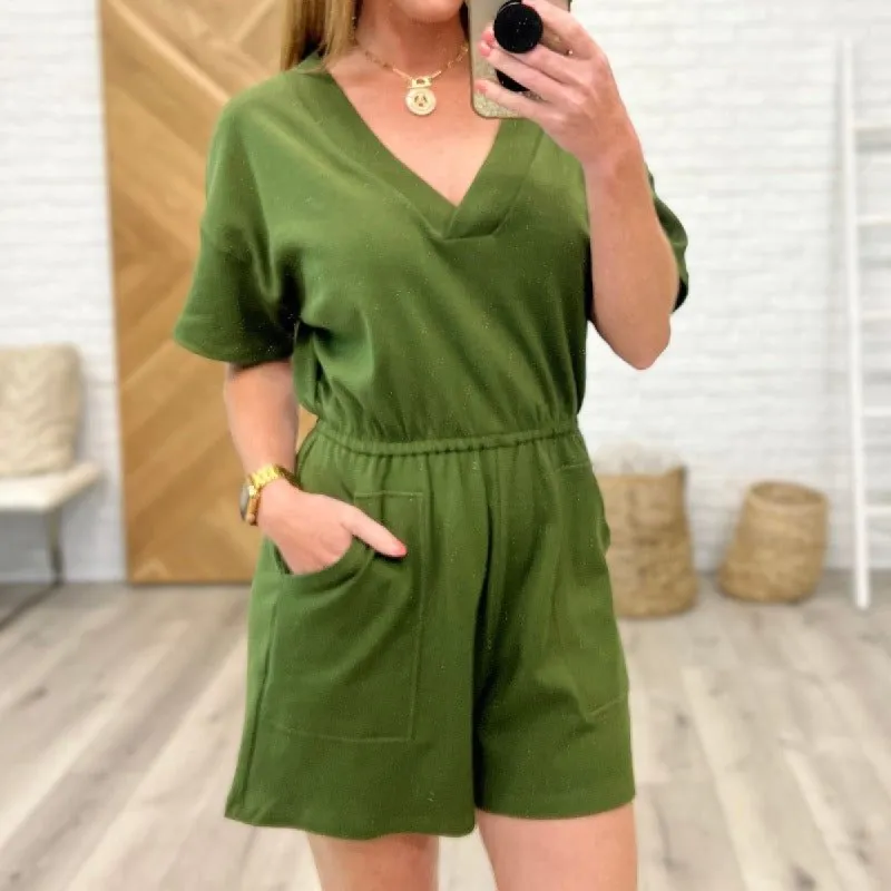 Short Sleeve V-Neck Romper in Army Green sold by Boujee Boutique