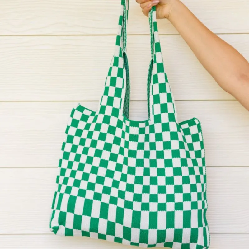 Checkerboard Lazy Wind Big Bag in Green & White sold by Boujee Boutique
