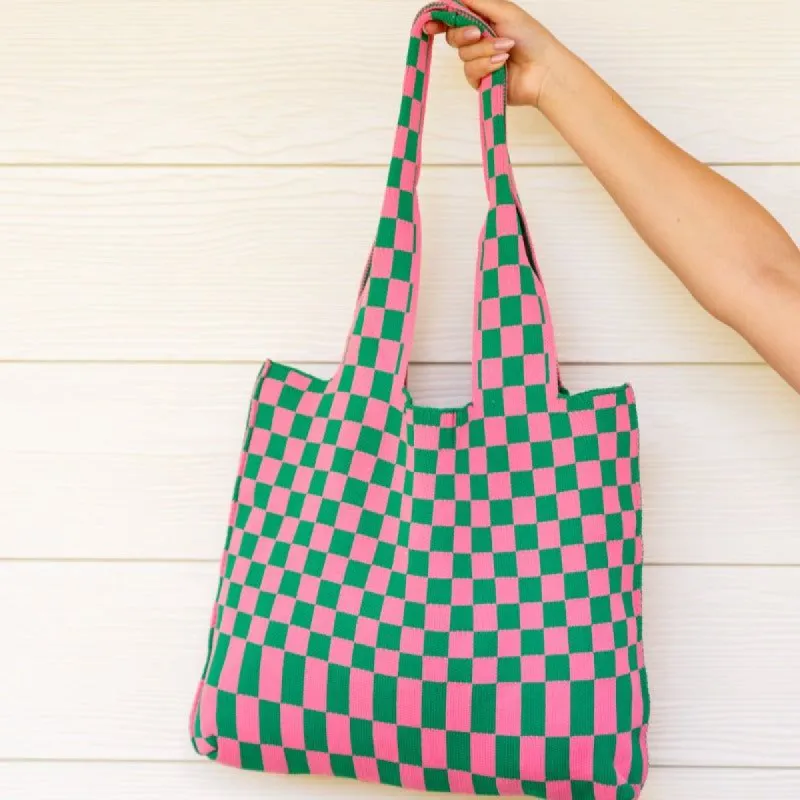 Checkerboard Lazy Wind Big Bag in Pink & Green sold by Boujee Boutique