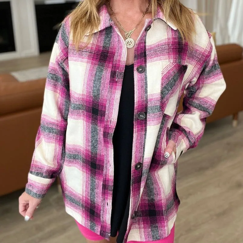 Oversized Longline Plaid Shacket in Magenta sold by Boujee Boutique