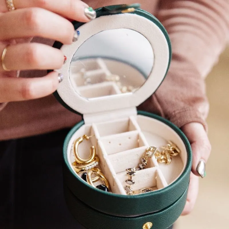 Circular Travel Jewelry Case in Green sold by Boujee Boutique
