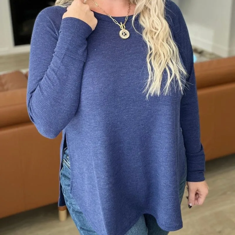 Melange Baby Waffle Long Sleeve Top in Light Navy sold by Boujee Boutique