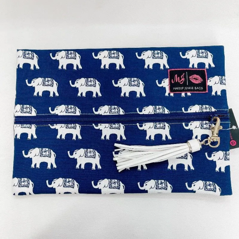Navy Elephant Print Medium Makeup Junkie Bag sold by Boujee Boutique