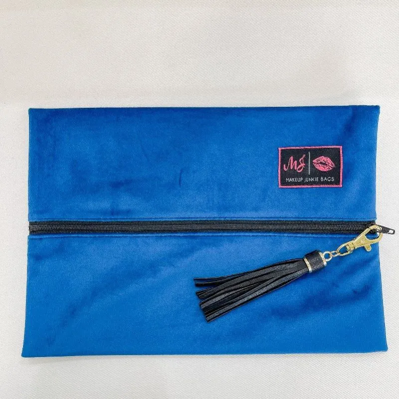 Cobalt Velvet Medium Makeup Junkie Bag sold by Boujee Boutique
