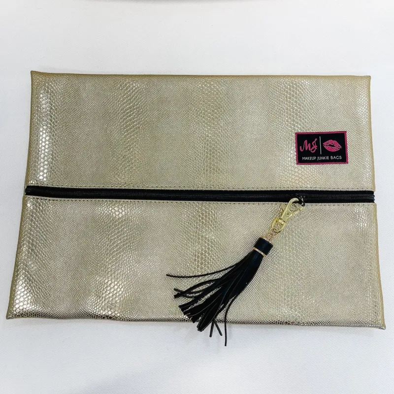 Gold Serpent Embossed Large Makeup Junkie Bag sold by Boujee Boutique