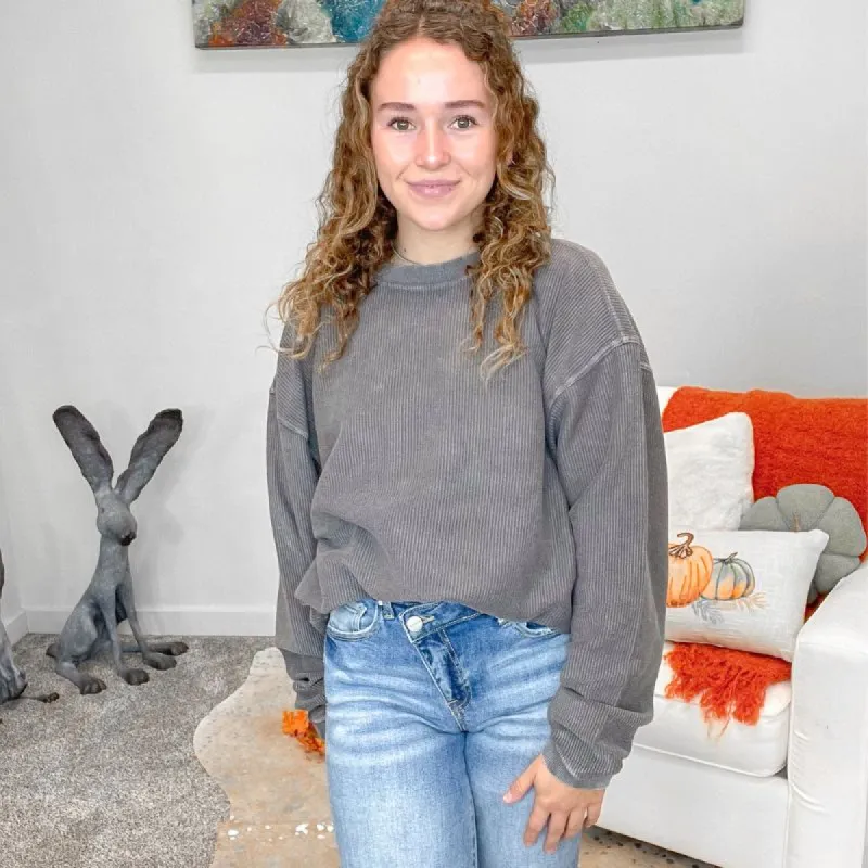 Charcoal Oversized Essential Luxe Corded Crew Sweatshirt sold by Boujee Boutique
