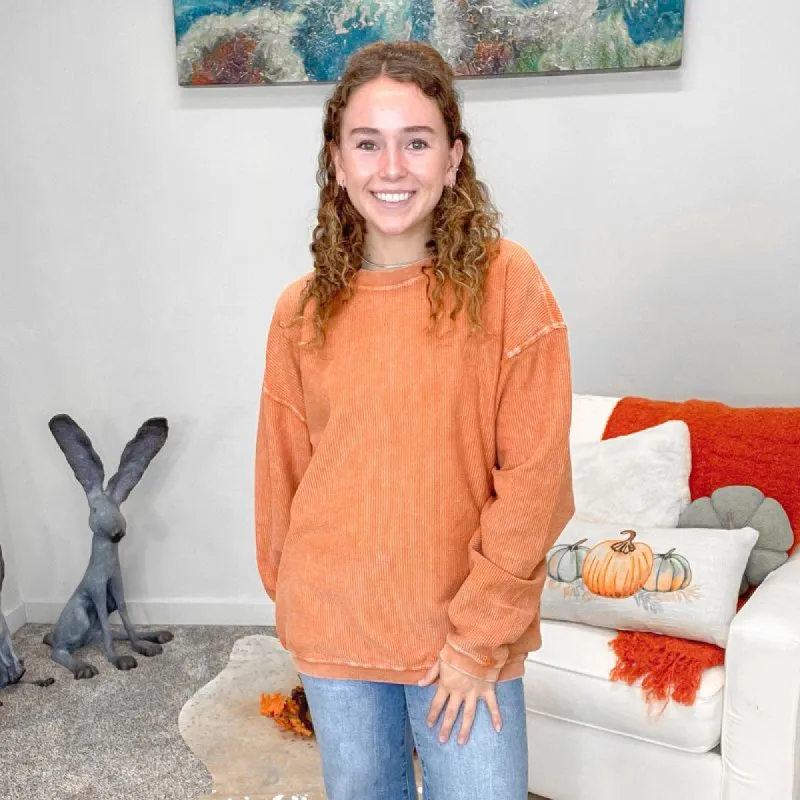 Burnt Orange Oversized Essential Luxe Corded Crew Sweatshirt sold by Boujee Boutique