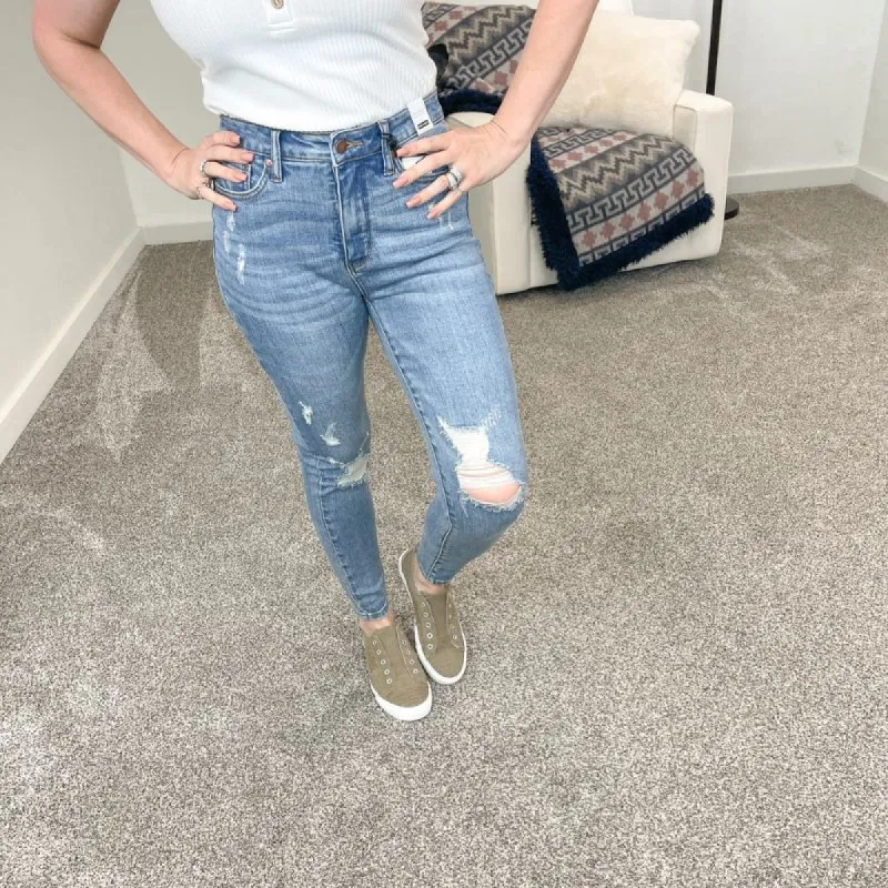 Judy Blue Tummy Control Distressed Skinny Jeans sold by Boujee Boutique