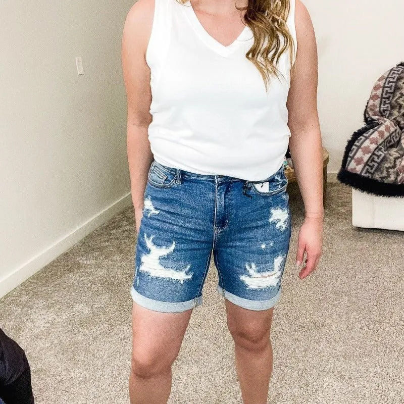 Judy Blue Denim Cuffed Destroyed Shorts sold by Boujee Boutique